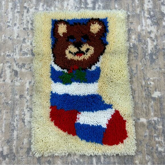 Vintage Latch Hook Yarn Christmas Bear Stocking Wall Hanging Decor 1970’s - Picture 1 of 5